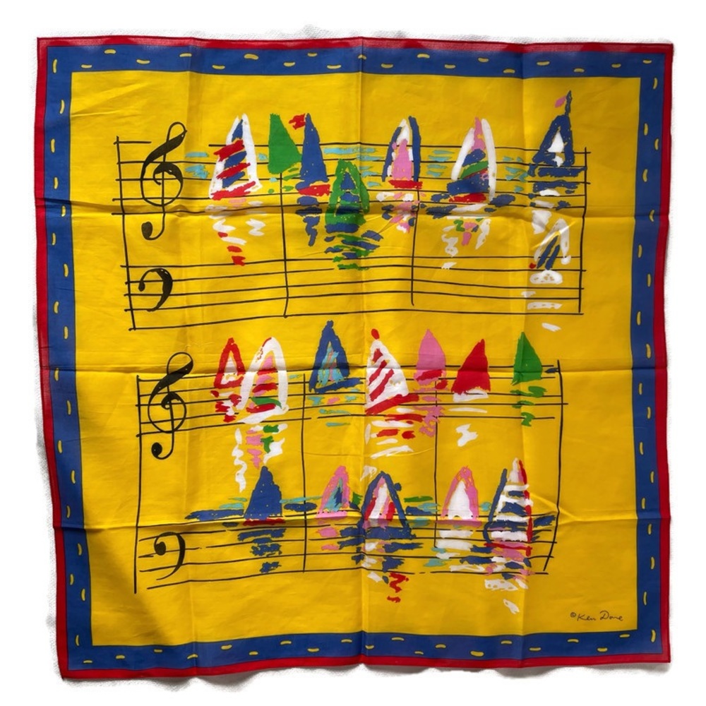 Ken Done Vintage  Yellow & Blue Nautical Sailboat Head / Neck Scarf 100% Cotton